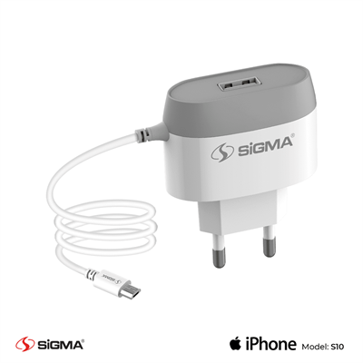Sigma Micro 2.1A Single USB Wall Charger with built-in Cable – S10