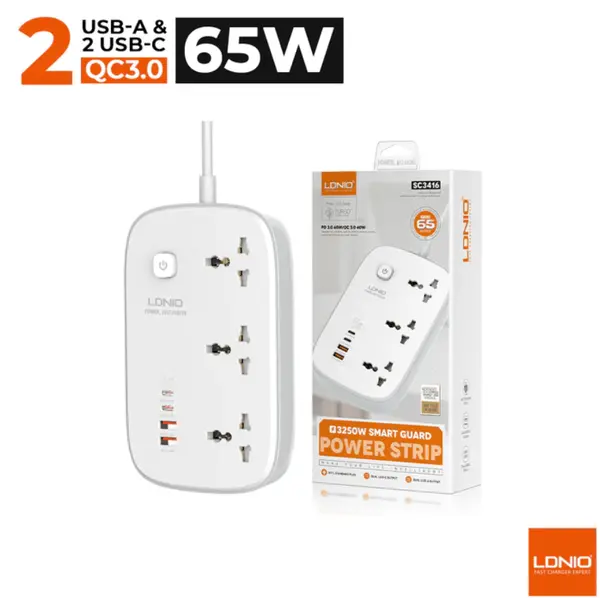 Ldnio SC3416 Gan Fast Charging Power Extension 2 USB-C 65W 2 USB-A 60W