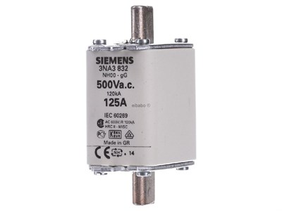 Siemens Low Voltage HRC fuse  3NA3832 AC 600V,  125A NH000 -gL/gG 500V/120kA