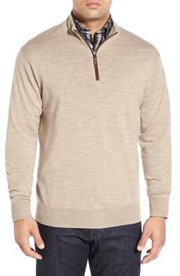 Leather Trim Quarter Zip Pullover Sweater