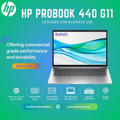 HP ProBook 440 G11 - Core 5 14th Gen Ultra 125U, 16GB RAM, 512GB SSD, 14" WUXGA IPS, Fingerprint Reader, Black, DOS