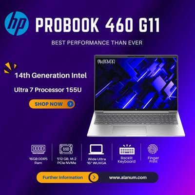 HP ProBook 460 G11 - Core i7 14th Gen Ultra 155U, 16GB RAM, 512GB SSD, 16" WUXGA IPS, Fingerprint Reader, Black, DOS - Silver