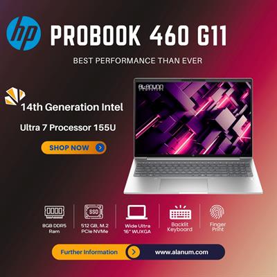 HP ProBook 460 G11 - Core i7 14th Gen Ultra 155U, 8GB RAM, 512GB SSD, 16" WUXGA IPS, Fingerprint Reader, Backlit Keyboard, DOS - Silver