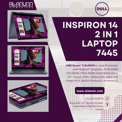 Dell Inspiron 7445 2-in-1 - AMD Ryzen™ 5 8640HS, 8GB RAM, 512GB SSD, 14" FHD X360 Touch, Fingerprint Reader, Backlit Keyboard, Windows 11 - Midnight Blue