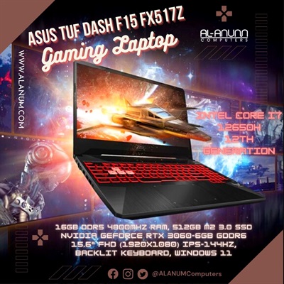 Asus TUF Dash FX517Z Gaming Core™ i7 12TH, 16G RAM, 512GB SSD, 15.6 FHD 144 Hz, 6GB GeForce RTX 3060, W11, Black