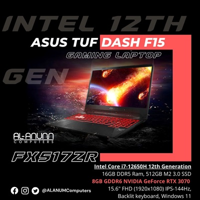 Asus TUF Dash FX517ZR Gaming Core™ i7 12TH, 16G RAM, 512GB SSD, 15.6 FHD 144 Hz, 8GB GeForce RTX 3070, W11, Black