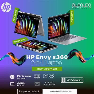 HP ENVY x360 Laptop 14-fc0023dx, Core Ultra 7 155U, 16GB, 1TB SSD, 14" WUXGA IPS Touch, BL-K, FPR, W11, Silver