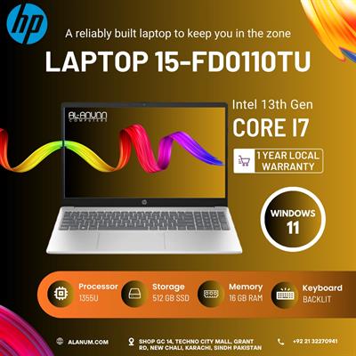 HP Laptop 15-fd0110tu - Core i7 13th Gen, 16GB RAM, 512GB SSD, 15.6" FHD, Backlit Keyboard, Windows 11 - Silver (1 Year Local Warranty)