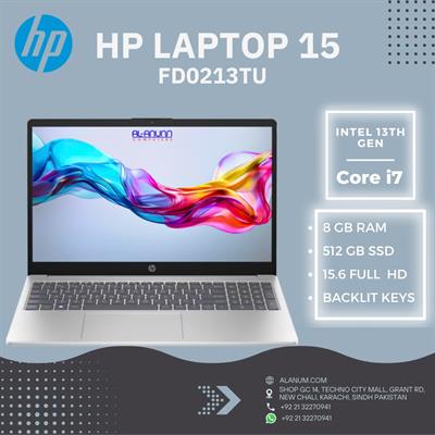 HP Laptop 15-fd0213TU - Core i7 13th Gen, 8GB RAM, 512GB SSD, 15.6" FHD, Backlit Keyboard, DOS - Silver