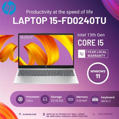 HP Laptop 15-fd0240tu - Core i5 13th Gen, 8GB RAM, 512GB SSD, 15.6" FHD, Backlit Keyboard, Windows 11 - Silver (1 Year Local Warranty)