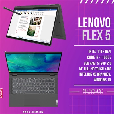Lenovo Flex 5 14 (2 in 1) Ci7 11TH, 8GB, 512GB SSD, 14" FHD TOUCH, BL-Key, FPR, W10. Graphite Grey