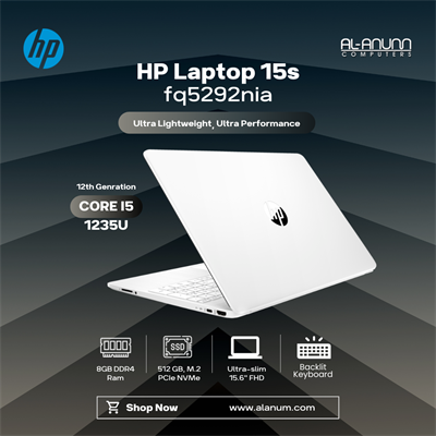 HP Laptop 15-fq5292nia, Ci5 12TH, 8Gb, 512GB SSD, 15.6" FHD, BL-K, Dos, White