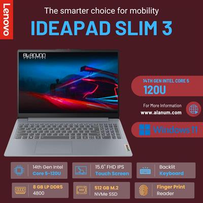 Lenovo IP Slim 3 - 14th Gen Core i5 120U, 8GB RAM, 512GB SSD, 15.6" FHD IPS Touch Display, Fingerprint Reader, Backlit Keyboard, Windows 11 - Arctic Gray