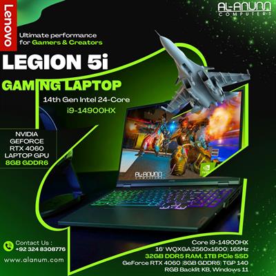 LENOVO Legion 5i Gen 9, 14th Gen Intel® Core™ i9-14900HX, 32GB DDR5, 1TB-SSD, 16″ WQXGA (2560 x 1600) IPS 165Hz, NVIDIA GEFORCE 8GB RTX 4060, BL-K, W11 - Luna GREY