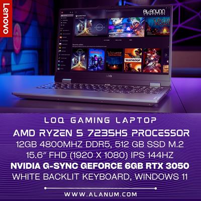 Lenovo LOQ 15ARP9 - AMD Ryzen™ 5 7235HS, 12GB RAM, 512GB SSD, 15.6" FHD IPS 144Hz, NVIDIA GeForce RTX 3050 6GB, Backlit Keyboard, Windows 11, Luna Grey