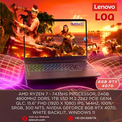 Lenovo LOQ 15ARP9, AMD Ryzen™ 7 7435HS, 24GB, 1TB-SSD, 15.6'' FHD IPS 144Hz, NVIDIA GEFORCE 8GB RTX 4070, BL-K, W11 - Luna GREY