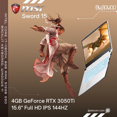 MSI Sword 15 A11UD-001, Ci7 11TH, 8GB, 512GB SSD, 4GB GeForce RTX 3050Ti, 15.6'' Full HD IPS 144HZ, BL-K, W10, White