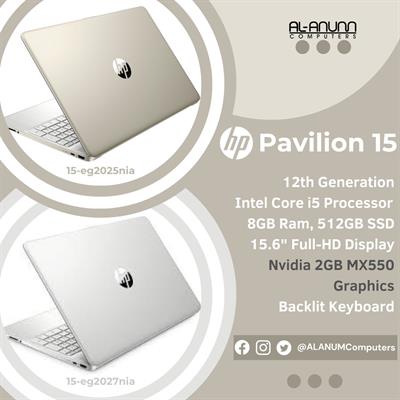 HP Pavilion 15-eg2025nia, Ci5 12TH, 8Gb, 512GB SSD, 15.6" FHD IPS, nVIDIA 2GB MX 550, BL-K, B&O, Dos, Gold