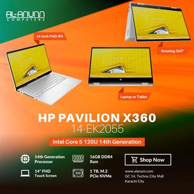 HP Pavilion x360 14-ek2055cl - Core i5 14th Gen, 16GB DDR4, 1TB SSD, 14" FHD IPS Touch, Black, B&O, Windows 11