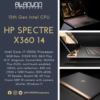 HP Spectre x360 14-ef2013dx - Ci7 13th, 16GB, 512GB SSD, Intel Iris-Xe GC, 13.5" UHD Plus OLED Touch, Convertible, FPR, Backlit KB, W11 ( Nightfall Black) )