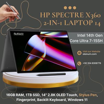 HP Spectre x360 2-in-1 Laptop 14t-eu0000dx – Core Ultra 7 155H, 16GB RAM, 1TB SSD, Intel Iris Xe, 14" 2.8K OLED Touch, Convertible, Fingerprint Reader, Backlit Keyboard, Stylus Pen, Windows 11 - Nightfall Black, With HP Stylus Pen