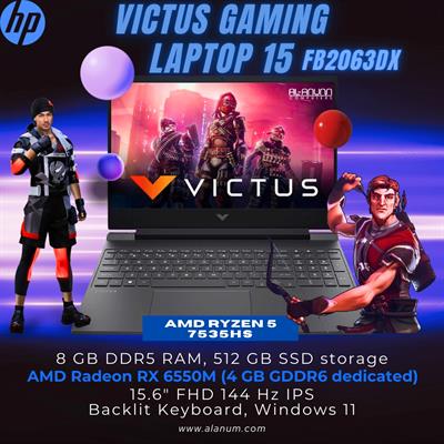 HP VICTUS Gaming 15 FB2063DX, AMD Ryzen 5 7535HS, 8Gb, 512GB SSD, AMD RX6550M 4GB, BL-K, 15.6 FHD IPS 144Hz, W11, Mica Silver