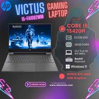 HP Victus Gaming Laptop 15 FA1082wm - Core i5 13th Gen 13420H, 16GB RAM, 512GB SSD, NVIDIA RTX 4050 6GB, 15.6" FHD 144Hz, Backlit Keyboard, Windows 11 - Mica Silver