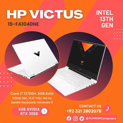 Hp Victus Gaming Laptop 15-fa1040ne, Ci7 13th Gen, 8Gb, 512GB SSD, RTX-3050 6Gb, BL-K, 15.6 FHD, 144Hz, Dos, White