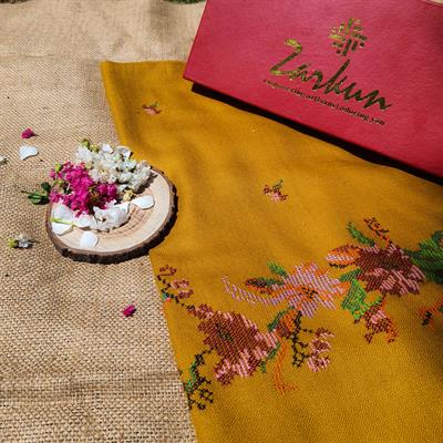 Mustard Pashmina Shawl with Handmade Cross Stitch Embroidery - CS 13A Design