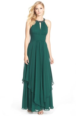 Embellished Tiered Chiffon Halter Gown