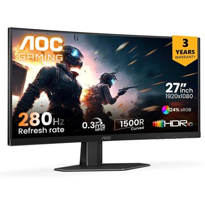 AOC C27G4ZE 27" 280Hz Curved Ultra-Fast Gaming Monitor, 1920 × 1080 (FHD), 0.3ms, Fast VA, 1500R, Adaptive Sync, Three-Sided Frameless Design, Black