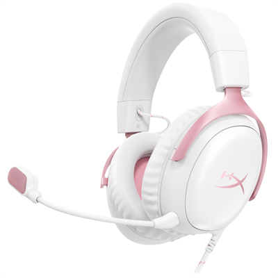 HyperX Cloud III Wired Gaming Headset, PC, PS5, Xbox Series X|S, Angled 53mm Drivers, DTS Spatial Audio, Memory Foam, Durable Frame, Ultra-Clear 10mm Mic, USB-C, USB-A, 3.5mm – White/Pink (Box Open)