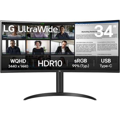 LG 34WR55QK-B Curved UltraWide Monitor, 34 inch, 1440p, 100Hz, 5ms Response Time, VA Panel, Smart Energy Saving, USB-C (65W Power Delivery), Displayport, HDMI