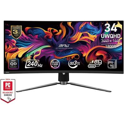 MSI MPG 341CQPX QD-OLED 34-inch Curved OLED Gaming Monitor, 240Hz, 3440 x 1440 (UWQHD), 0.03ms Response Time, True Black HDR 400, HDMI, DP Port, USB Type C, Tilt, Height Adjustable