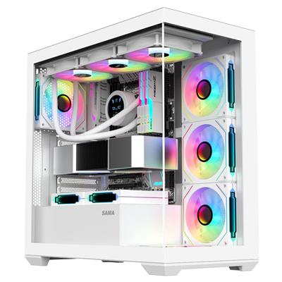 Sama Neview SV01 PC Case ATX 4 ARGB Fans Pre-Installed, Type-C Mid Tower Computer Case with Full View Dual Tempered Glass, Gaming PC Case, White