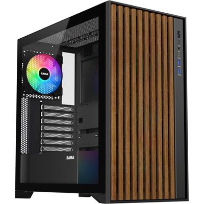 Sama V-Nature ATX PC Case, Tempered Glass Mid Tower Case,Genuine Walnut Wood Front, 4 x 120mm ARGB PWM Pre-Installed, Type C USB, PC Gaming Case, Black