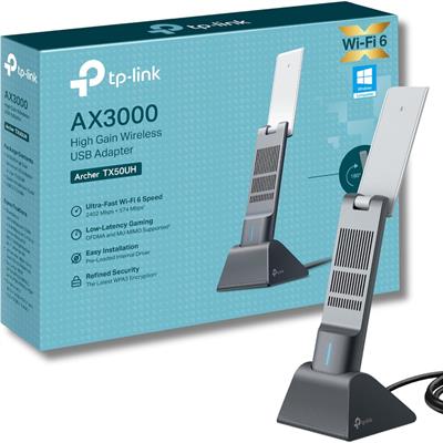 TP-Link Archer TX50UH AX3000 Wi-Fi 6 High Gain Wireless USB 3.0 Adapter, Dual-Band, Auto Driver, MU-MIMO, Low- Latency, 1.2m Cable, Supports Windows 10/11, Highly Secure WPA3, Black