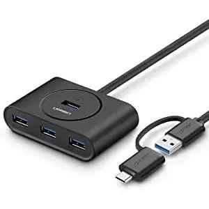 Ugreen USB Hub 4-Port USB 3.0 Hub with 1M Extension Cable, OTG USB-C Plug, High-Speed Portable USB Splitter for MacBook Air, Mac Mini, iMac Pro, Surface Pro, XPS, PC, Flash Drive, Mobile HDD, Black