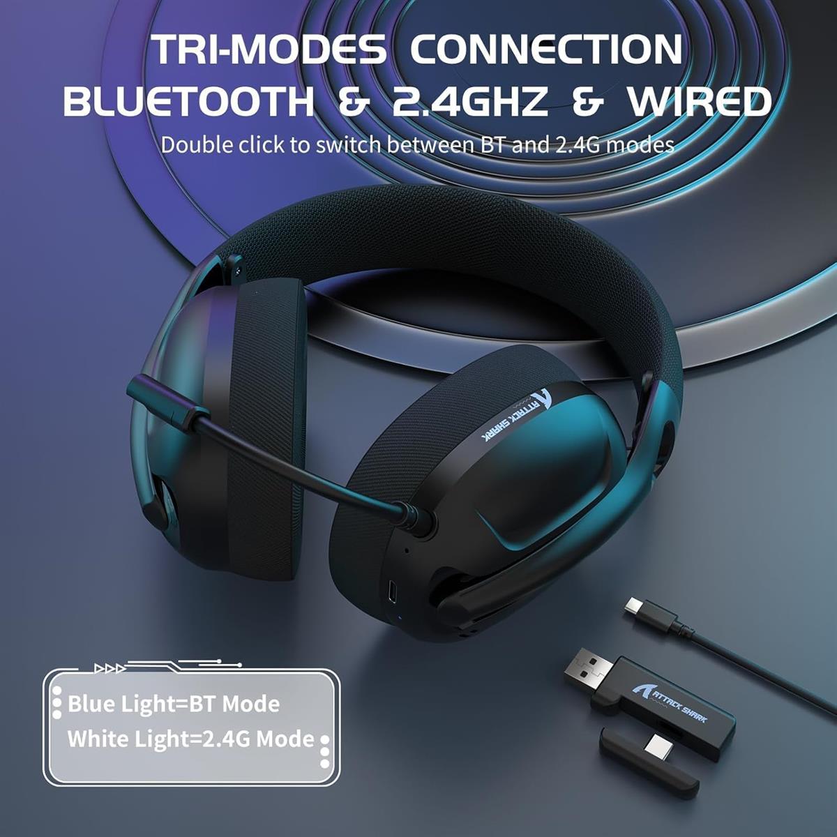 ATTACK SHARK L90 Ultralight Draadloze Gaming Headset, BT, 2.4G, 3,5mm Bedraad, Opvouwbaar, RGB, 7.1 Surround Sound Over-Ear Hoofdtelefoon met Afneembare Ruisonderdrukkende Microfoon, voor PC - Zwart