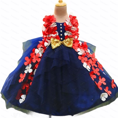 Pleated Gown With Rich Blue & Purple Flower Work