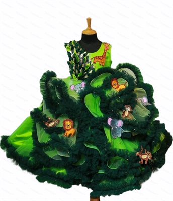 Jungle Theme Dark And Light Green Swirl Gown With Animals Patches