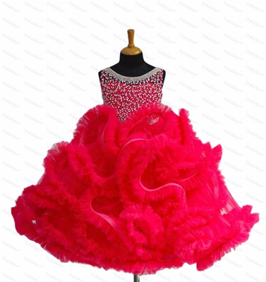 Coral Pink Netted Frilled Fluffy Gown With White Crystal And Beads Work
