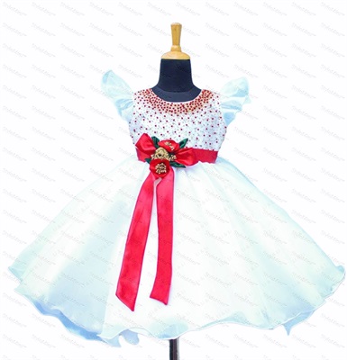 Milky White And Red Organza Gown With Spread Bead Work