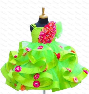 Bright Parrot Green Swirled One Shoulder Gown With Pink & Peach Flower Work