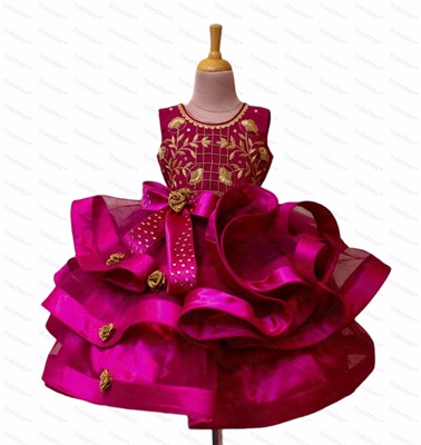   Magenta Heavy Frilled Gown With Golden Embroidery
