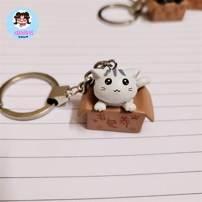 Chubby Cat In Box Keychain - White Cat