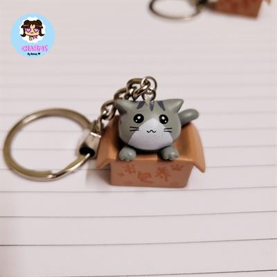 Chubby Cat In Box Keychain - Grey Cat