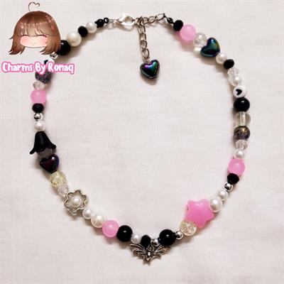 [SOLD OUT] Pink and Black Necklace with Bat Charm 