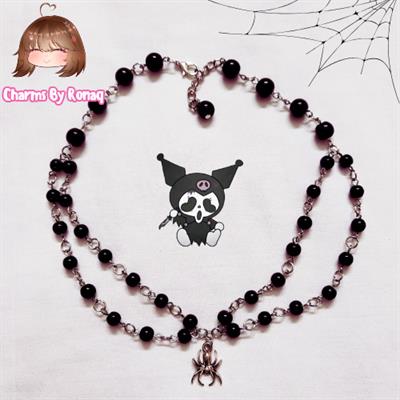 Black Layered Choker Necklace with Spider Charm