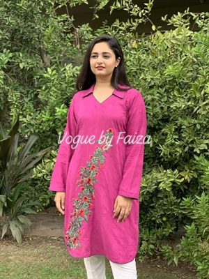 Pink with Embroidery Cotton Kurta